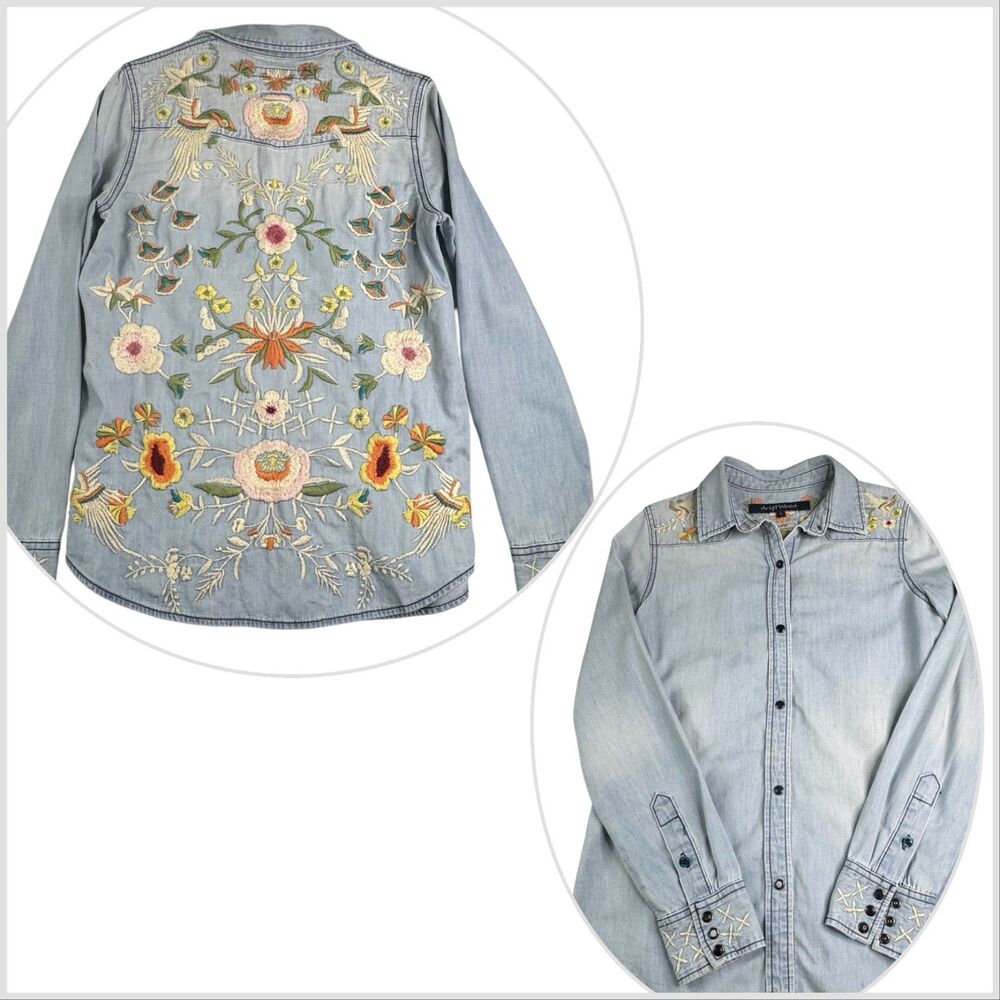 DRIFTWOOD Lana Shirt Blue Denim Floral Embroidered Chambray Top Size S